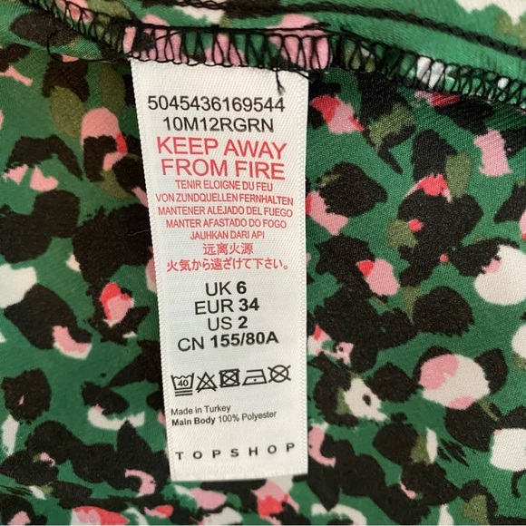 Topshop Animal Print Satin Open Back Green Flutter Sleeve Mini Dress Size 2 - Picture 16 of 16